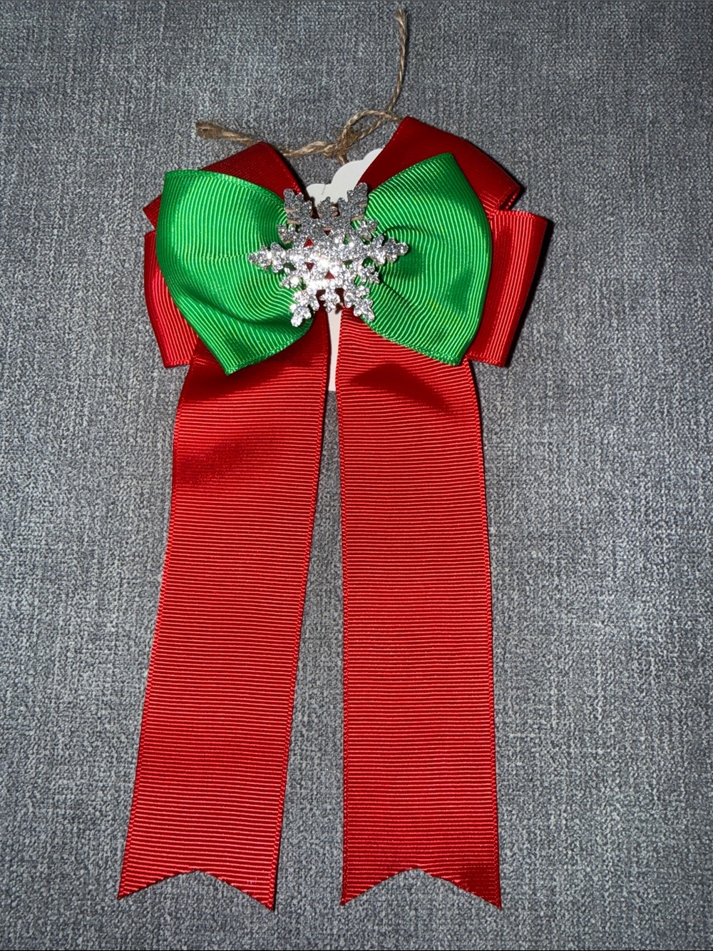 Festive Red and Green Holiday Bow with Rhinestone Snowflake-Girls